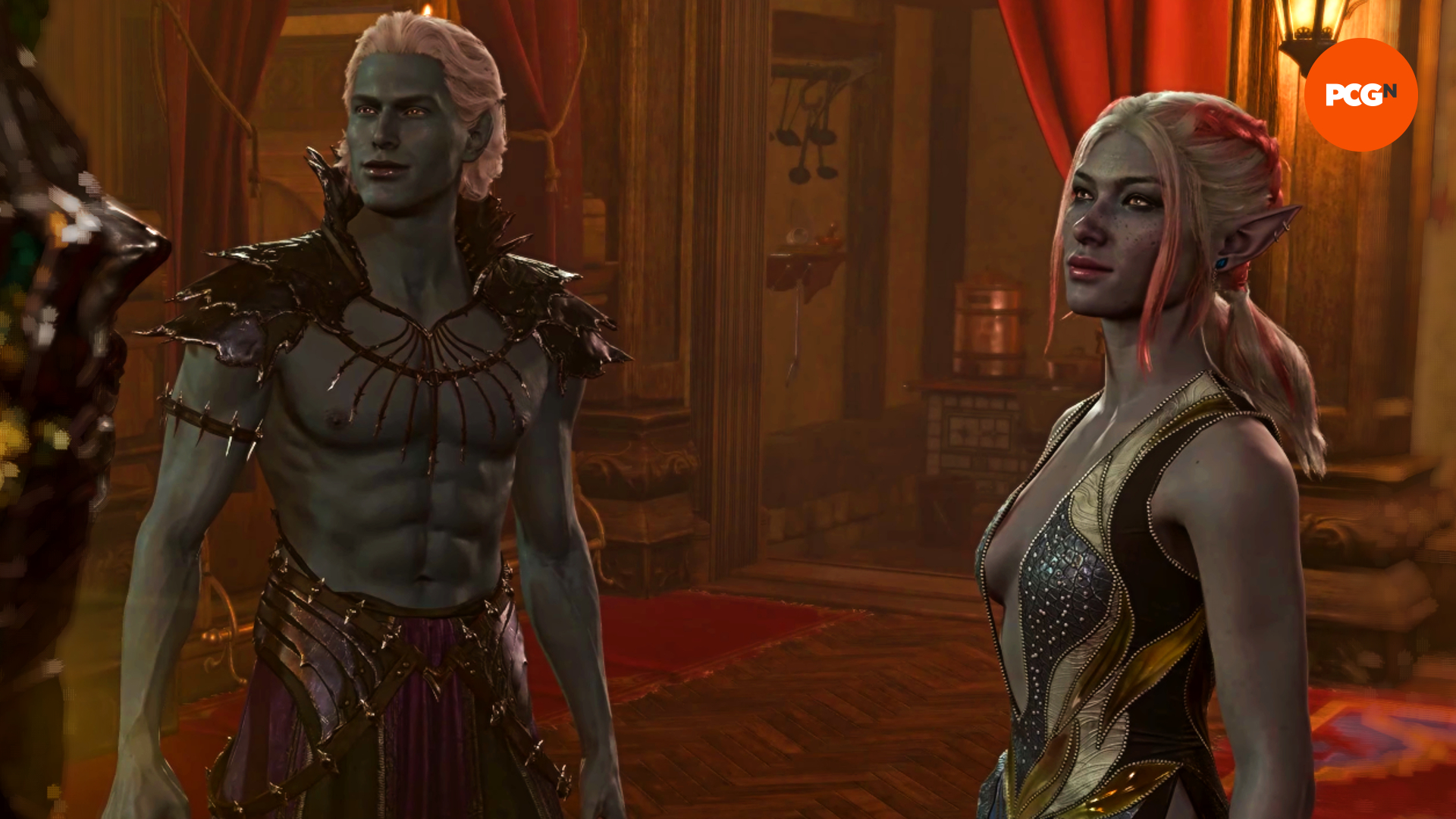 Baldur's Gate 3 Drow twins screenshot showcasing the moment you meet them at the brothel