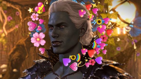 Baldur's Gate 3 Drow twins: a male Drow with pale blue skin and white short hair smiles off to the side, a floral background behind him