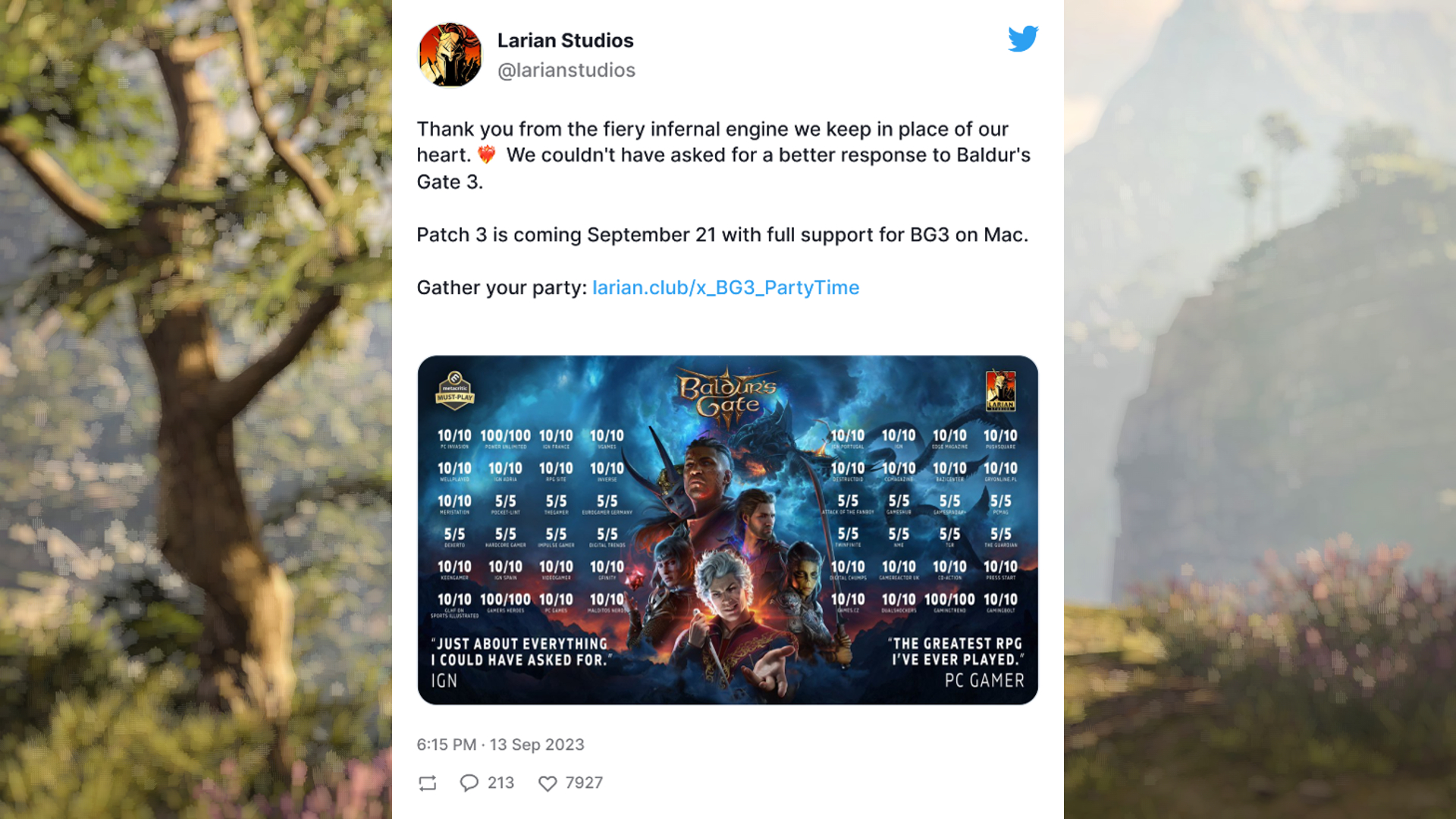 Baldur's Gate 3 update post from Larian Studios on Twitter