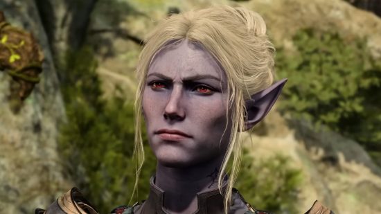Baldur's Gate 3 update: Minthara, a Drow character with lilac skin and blonde hair up in a bun, looks to the side