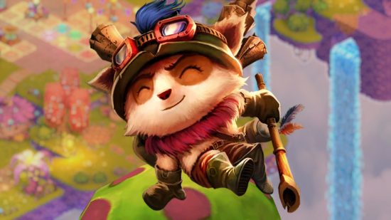 Bandle Tale: League of Legends Yordle character Teemo, a small dog-like creature, sits on a green and red mushroom