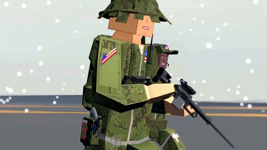 BattleBit update: a blocky voxel soldier wearing an American flag badge runs beside fellow military members with his gun in hand