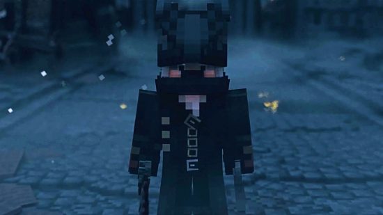 A Bloodborne character created using Minecraft wears a long, buttoned coat and wields two weapons in either hand