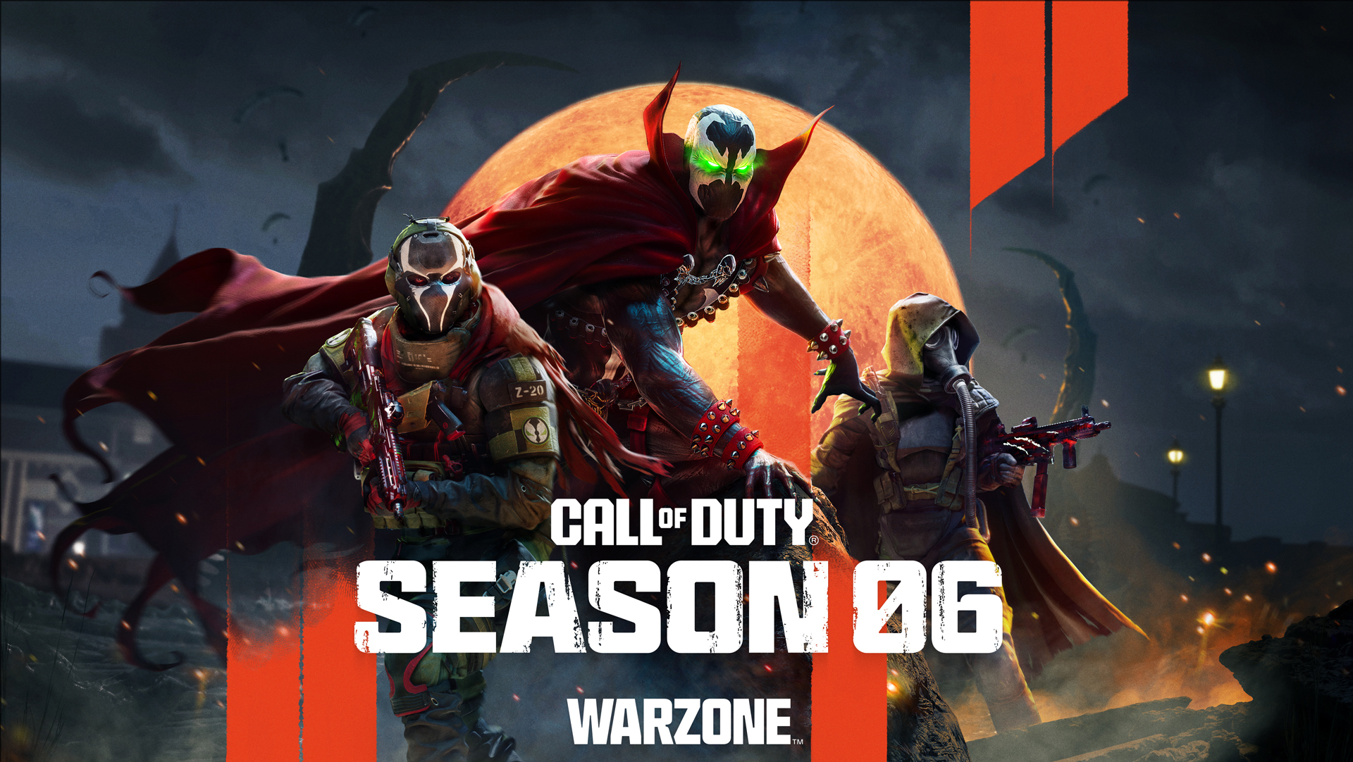 Call of Duty Season 6's Spawn anti-hero character stands in front of a full moon, with glowing green eyes and a red cape