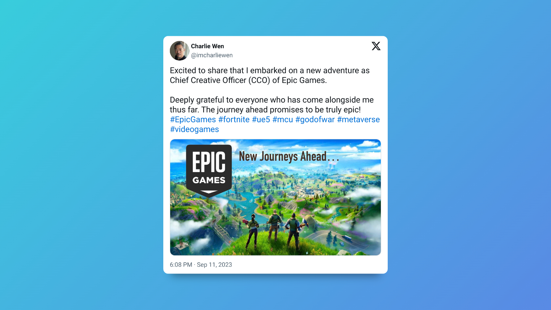 Article de Charlie Wen détaillant comment il rejoint Epic Games en tant que nouveau CCO