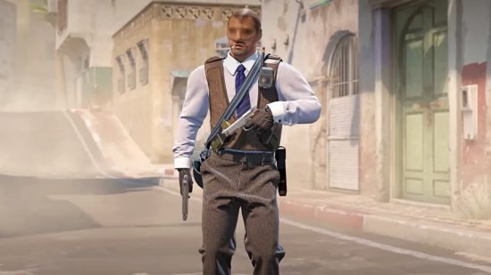 Counter-Strike 2 update premier matchmaking: a man wearing a waistcoat and suit pants holds two pistols in either hand, pantyhose over his head to conceal his identity