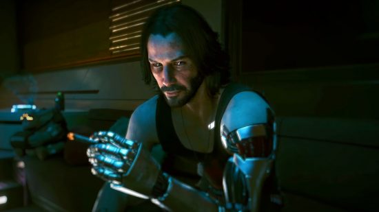 Cyberpunk 2077 Phantom Liberty screenshot showing Keanu Reeves' character Johnny Silverhand smoking a cigarette