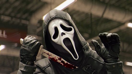 Dead by Daylight flashlights: Scream killer holds a bloody knife up, wearing his iconic mask