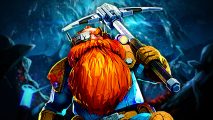 Deep Rock Galactic female characters: A long-bearded dwarf with bright red hair holds a giant pickaxe, standing against a blue cavern background