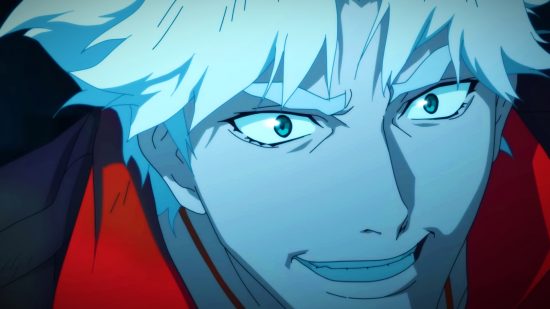 Devil May Cry anime: A man with short white hair and light eyes smiles menacingly