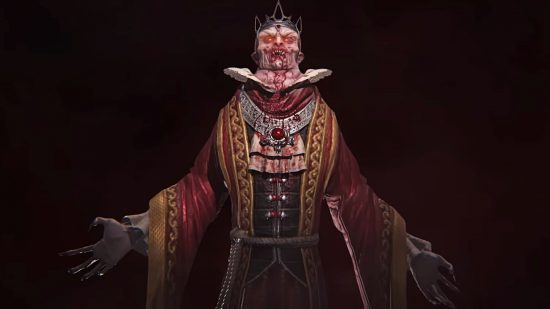 Diablo 4 vampire character wearing a long golden red robe with a white collar, his arms out and covered in blood