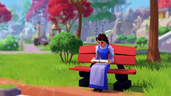 Disney Dreamlight Valley Enchanted Adventure update: Princess Belle sits on an orange bench, green grass and maple trees behind her, as she reads a book