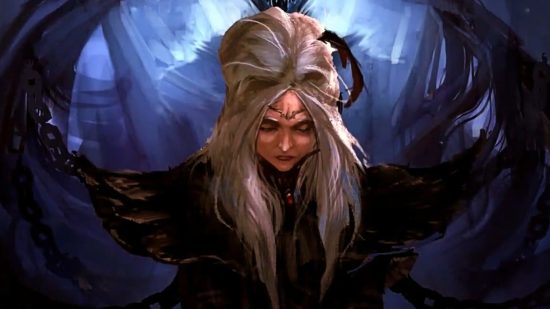 Divinity Original Sin 2 sale: a character with long white hair looks down at the ground, her eyes closed