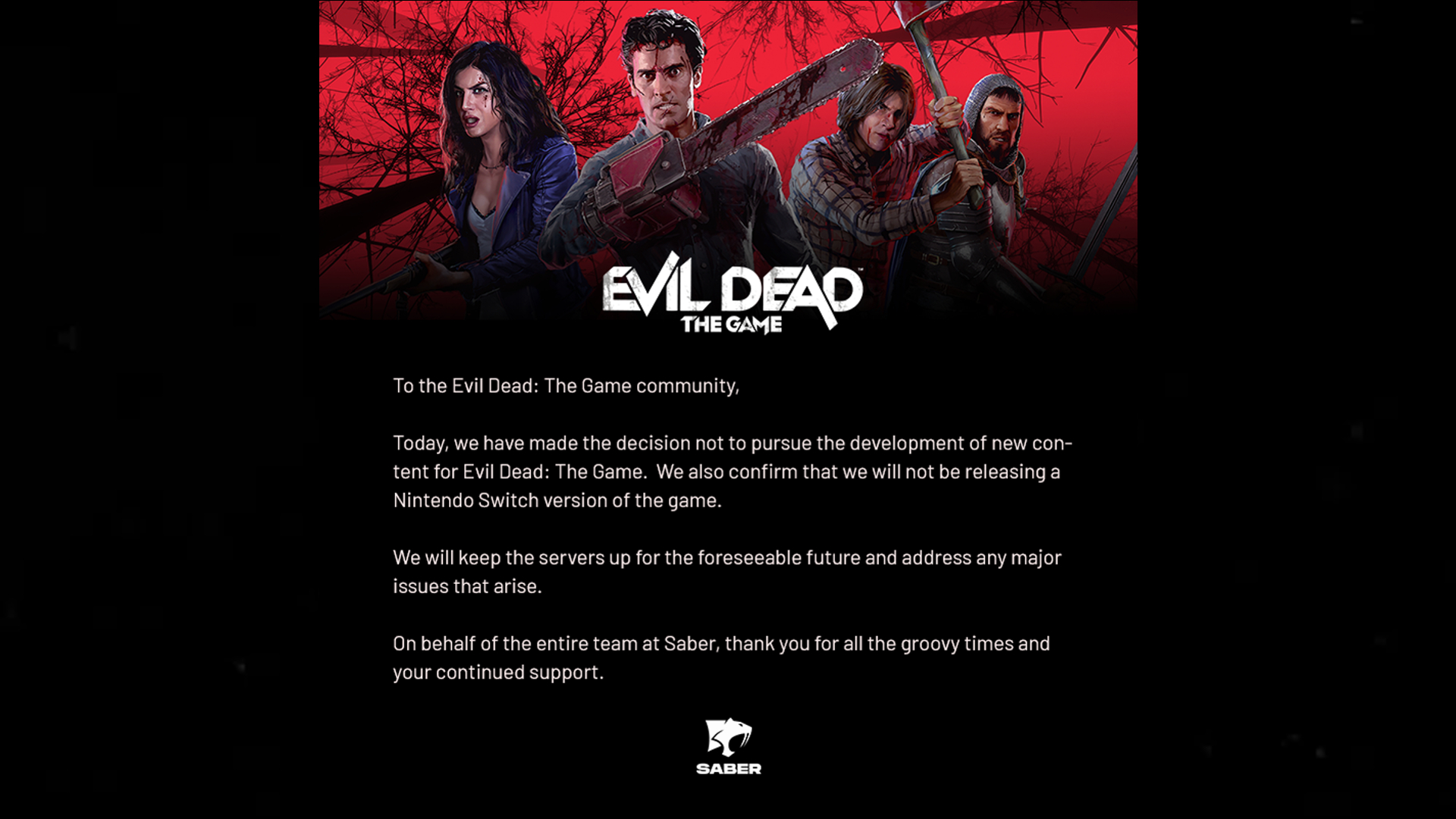 Evil Dead post from Saber Interactive about the cancellation of new content