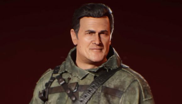 Evil Dead character with short brown hair and masculine figure wears a military-style camo suit