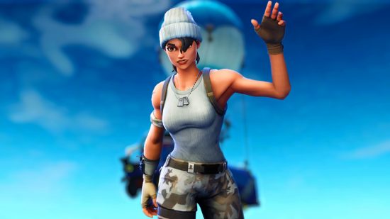 Epic and Fortnite CCO resigns: a female character wearing a white beanie and tank top waves, the iconic Fortnite bus behind her dropping from the sky