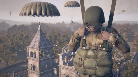 Best free PC games: a soldier wearing a helmet watches his allies drop with parachutes in Heroes and Generals