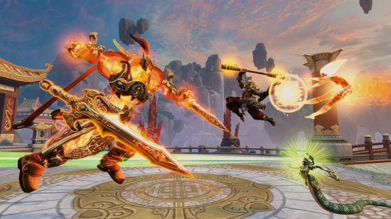 Best free PC games: an enemy is ablaze with fire and rushes towards its opponent in Smite