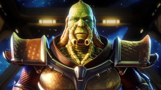 Galactic Civilizations 4 full release: a green alien humanoid creature with piercing blue eyes stares straight ahead