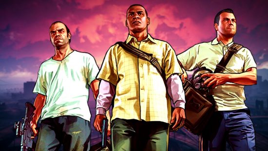 Grand Theft Auto subscription: Thee men armed with guns stand beside each other against a violet city skyline