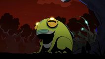 Hades 2 Hollow Knight Silksong Steam Wishlist: A green frog with dark yellow eyes sits against a dark red backdrop