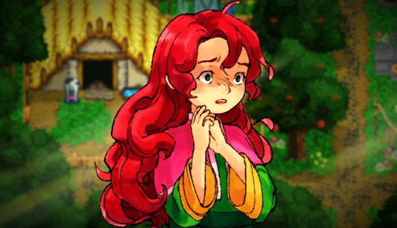 Harvest Island character with long, wavy red hair wearing a green and yellow robe stands looking afraid against a backdrop of a farm