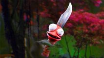 High on Life DLC release date: Knifey, a red knife character with giant eyes smiles, a red forest behind him