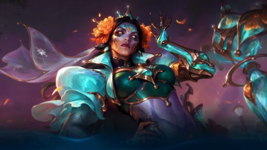 League of Legends patch 13.19 - A woman wearing a turquoise crop top and orange flowers on her head looks down, her hand on her hip