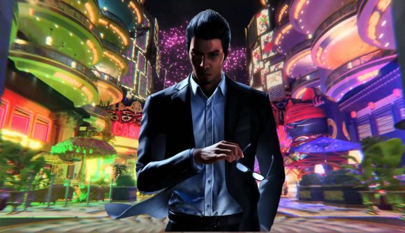 Kazuma Kiryu taking off his glasses as he walks through a lit-up street filled with colorful attactions , all while waiting for the Like A Dragon Gaiden release date.