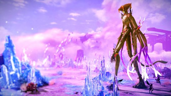 Lost Ark jump-start servers: A tall, humanoid creature walks surrounded by pixies through a purple crystal desert