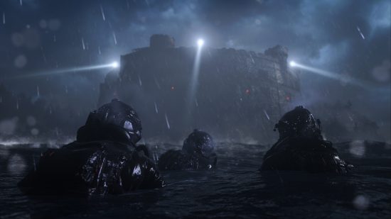 Modern Warfare 3 crossplay: Three operators dressed in black and wearing night vision goggles swim through the sea towards a high-security prison facility.
