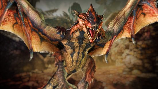 Monster Hunter steam sale: An orange and tan dragon spreads his wings, his mouth open as he roars while flying