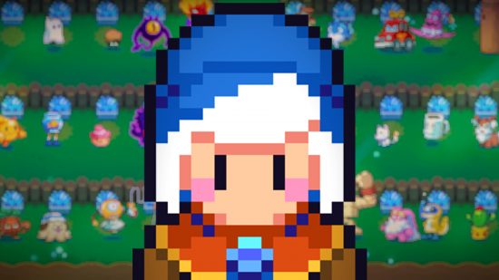 Moonstone Island character with a blue hood stands against a pixel background with creatures