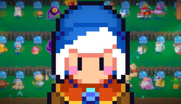 Moonstone Island character with a blue hood stands against a pixel background with creatures