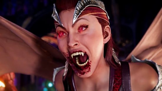 Mortal Kombat 1 Megan Fox: Nitara, a vampire character with glowing red eyes and sharp fangs, screams