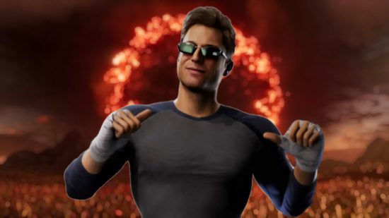 Mortal Kombat 1 crossplay: Johnny Cage wears sunglasses and a long-sleeved gray shirt, pointing at himself with a smug smirk on his face