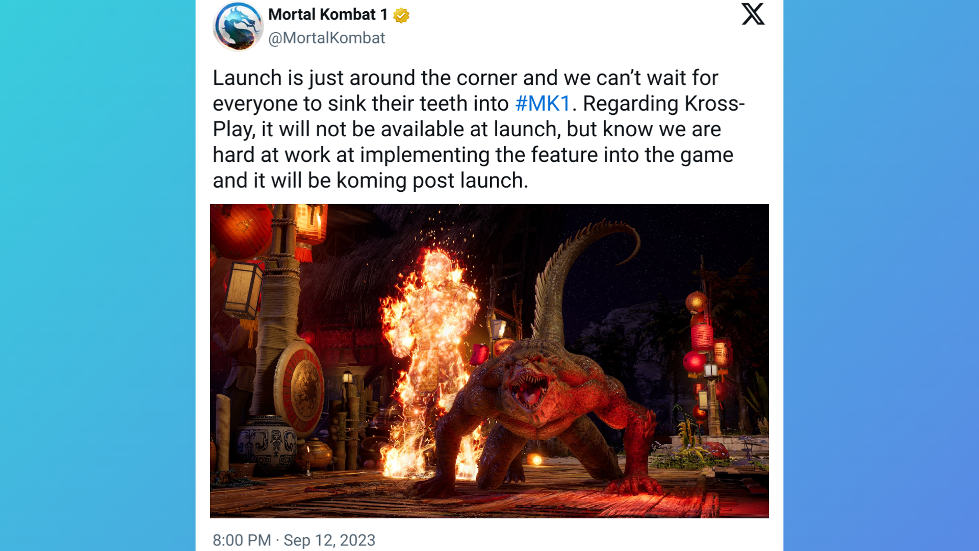 Tweet fra officiel Mortal Kombat -konto, der beskriver, hvordan Mortal Kombat 1 CrossPlay ikke vil være tilgængelig oprindeligt