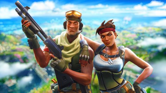 New Epic CCO: Fortnite characters standing side by side, one with a scarf and large shotgun in hand, the other with her arm around him