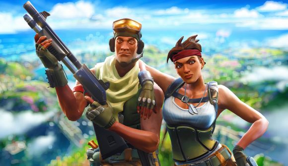 New Epic CCO: Fortnite characters standing side by side, one with a scarf and large shotgun in hand, the other with her arm around him