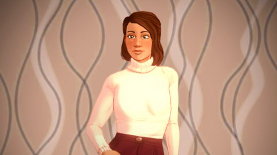 Paralives character sitting against a beig backdrop, wearing a red skirt and white turtleneck sweater
