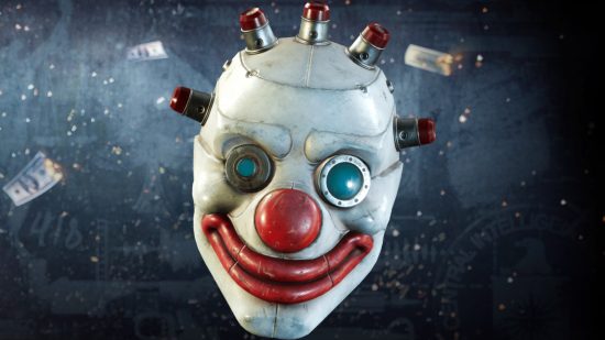 Payday 3 early access stats: A clown mask with red light prongs sticking out from its white face against a dark backdrop with dollar bills floating around