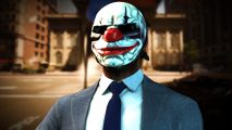Payday 3 matchmaking issues: a man in a grey suit wearing a clown mask with a bright red nose stands in front of a bank