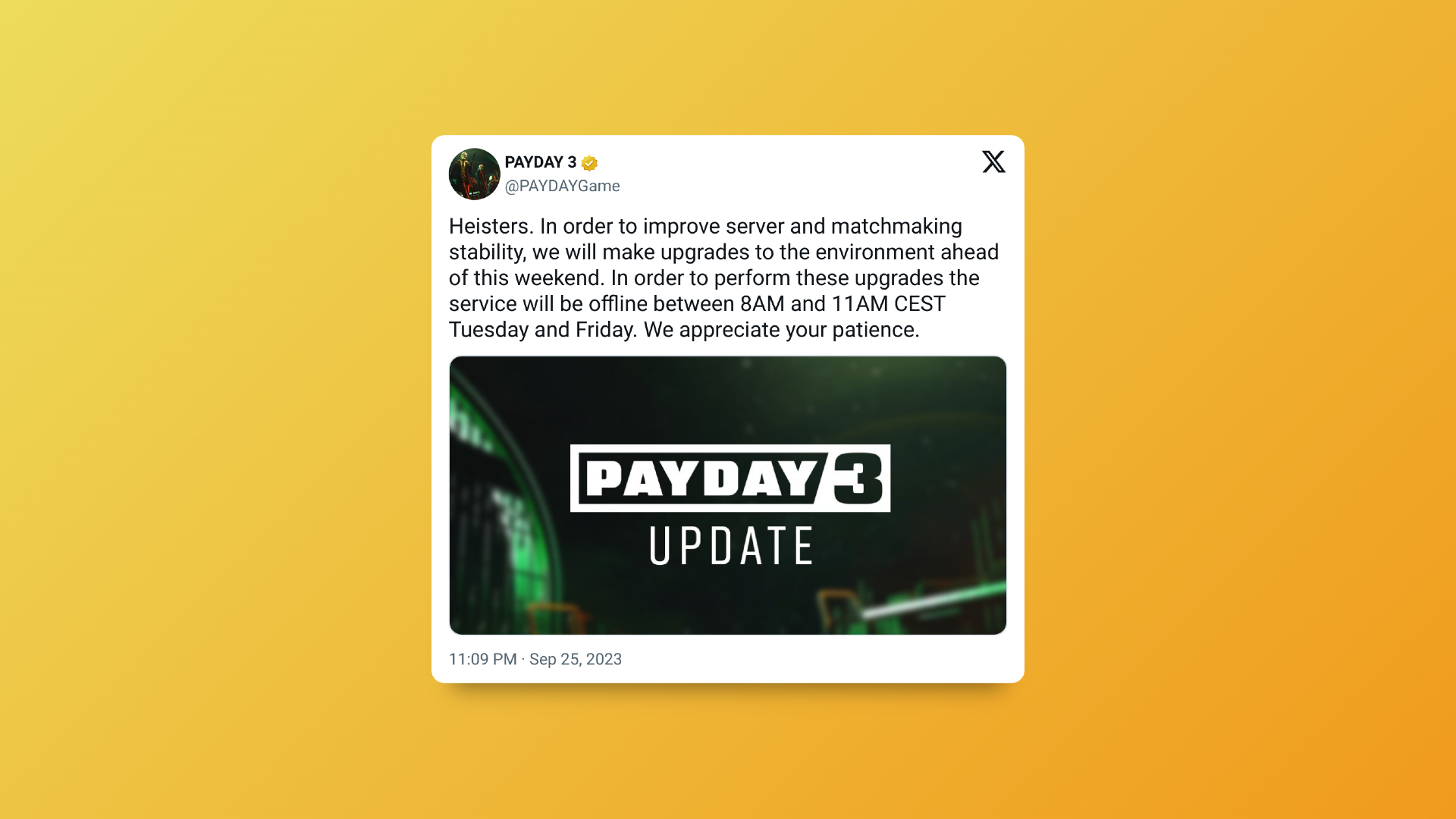 Payday 3 matchmaking upgrades tweet from Starbreeze