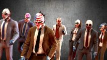 Payday 3 matchmaking upgrades: A group of heisters wearing diffetently colored clown masks and business suits walks together, guns in hand