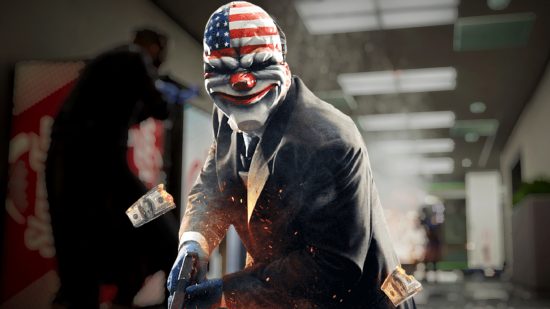 Payday 3 removes Denuvo: a masked man with an American flag clown mask stands among burning money, gun in hand
