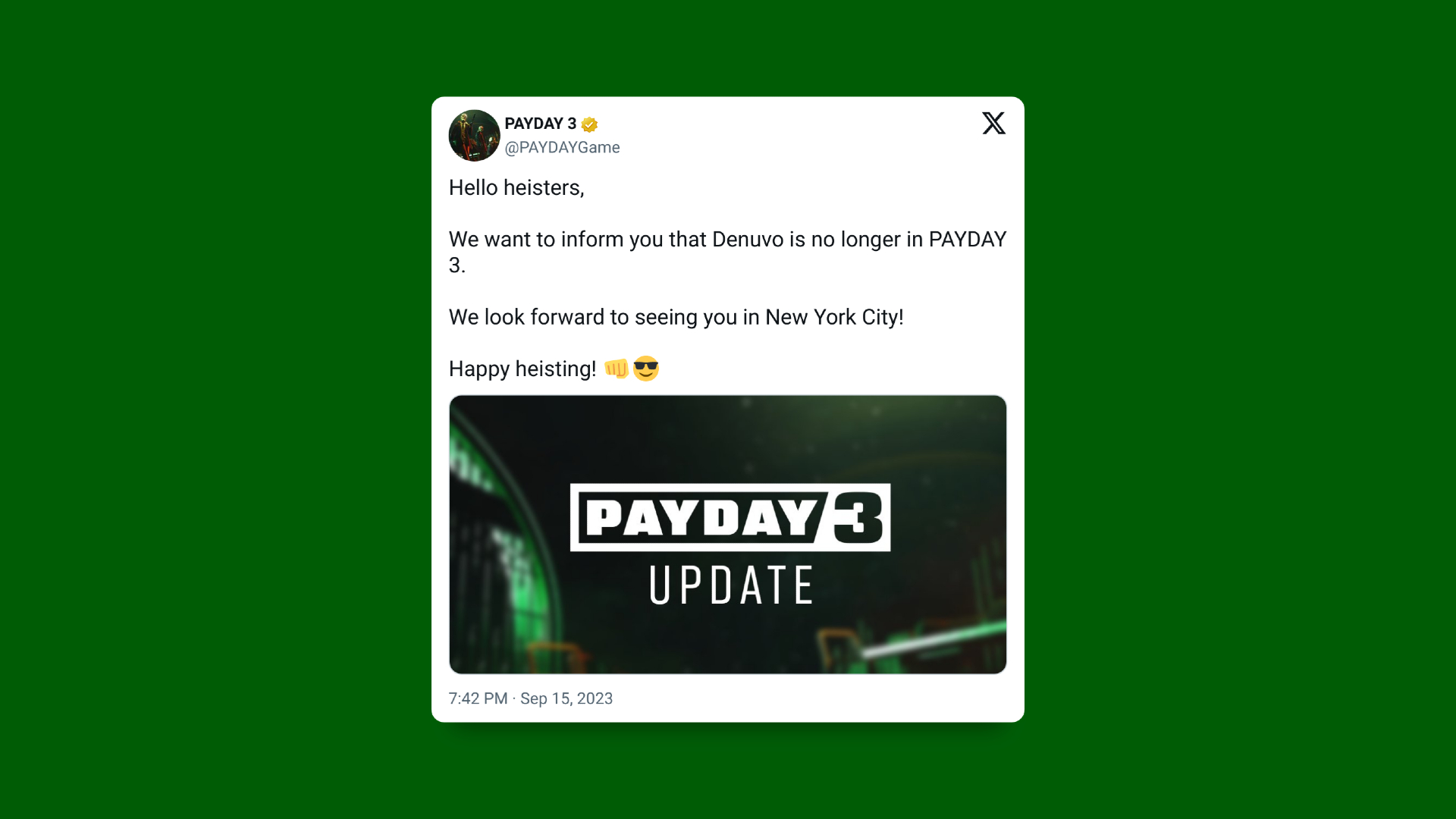 Payday 3 Twitter post revealing that Denuvo has been removed from the game