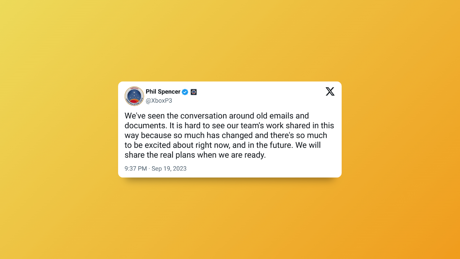 Tweet from Phil Spencer regarding the Microsoft leak