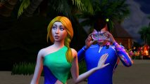 Sims 4 characters stand in swimming gear, one with long blonde braided hair and the other with short black hair with goggles