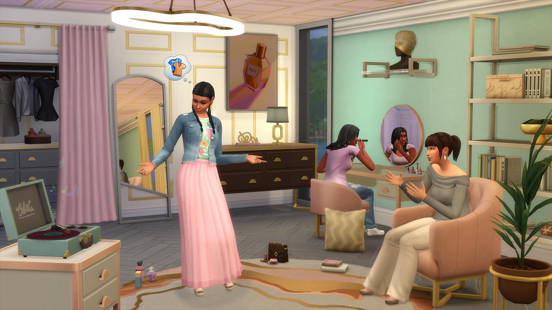 Sims 4 Modern Luxe Kit screenshot που δείχνει sims σε μια μπουτίκ, προσπαθώντας για ρούχα και κάνει μακιγιάζ