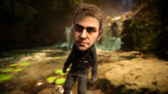 Sons of the Forest update: Kelvin from Sons of the Forest with a massive head from big head mode stands against a waterfall backdrop in the woods